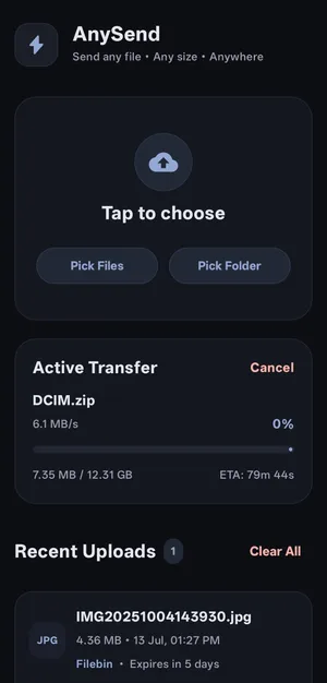 AnySend home screen showing Pick Files and Pick Folder buttons