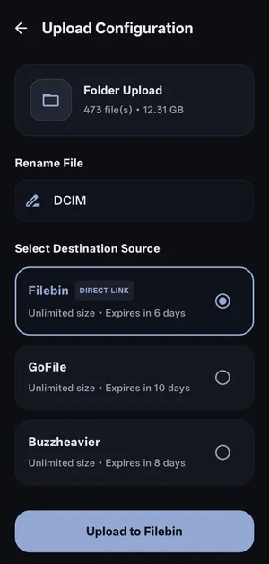 AnySend upload configuration with host selection (Filebin, GoFile, Buzzheavier)